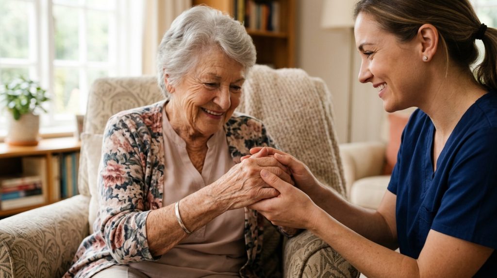 A caregiver warmly holding an elderly woman's hands at home